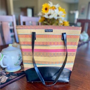 kate spade Striped Multicolor Canvas Tote with Black Leather Trim